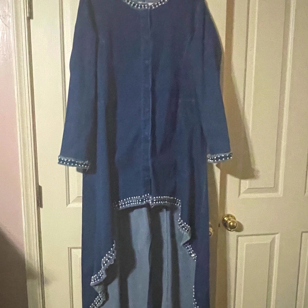 Fancy blue denim, rhinestone and pearl bordered hi lo denim jacket.